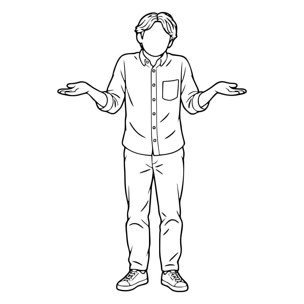 両手を広げて戸惑う人のイラスト（線画）