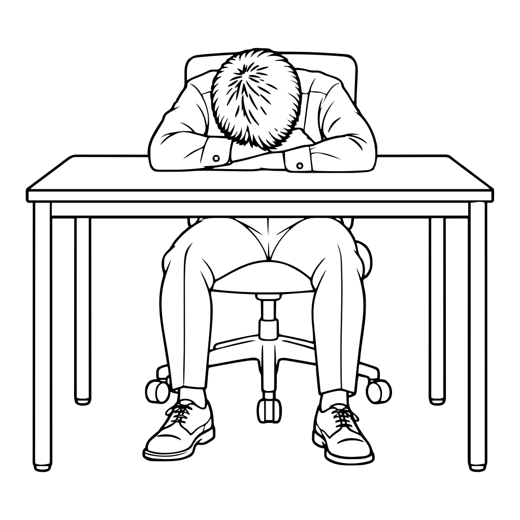 疲れて机に伏せる人のイラスト（線画）
