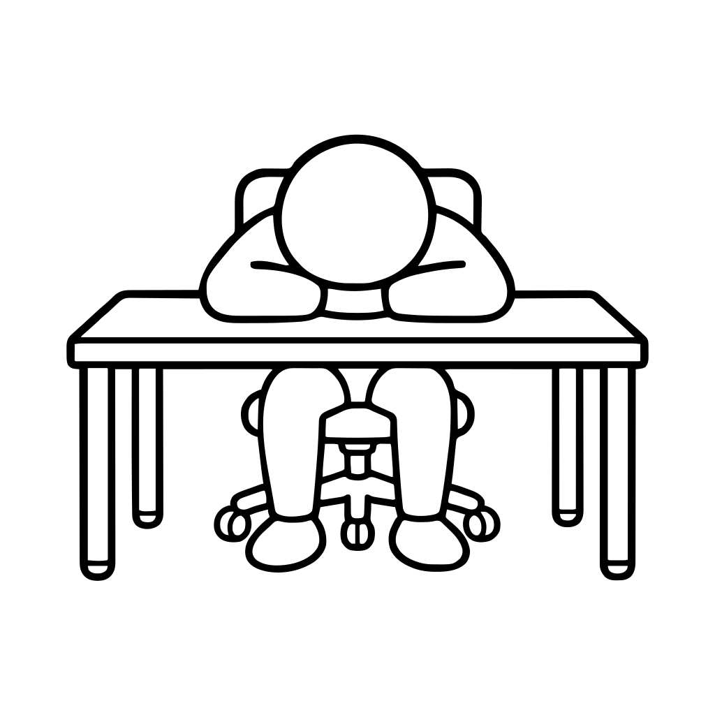 疲れて机に伏せる人のイラスト（丸みのあるデフォルメ）