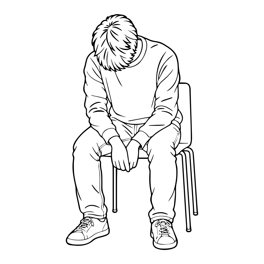 肩を落として座る人のイラスト（線画）