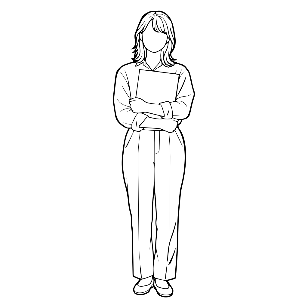 資料を胸に抱える人のイラスト（線画）