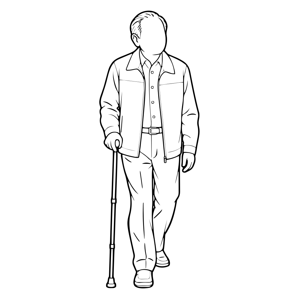 杖をついて歩く高齢者のイラスト（線画）