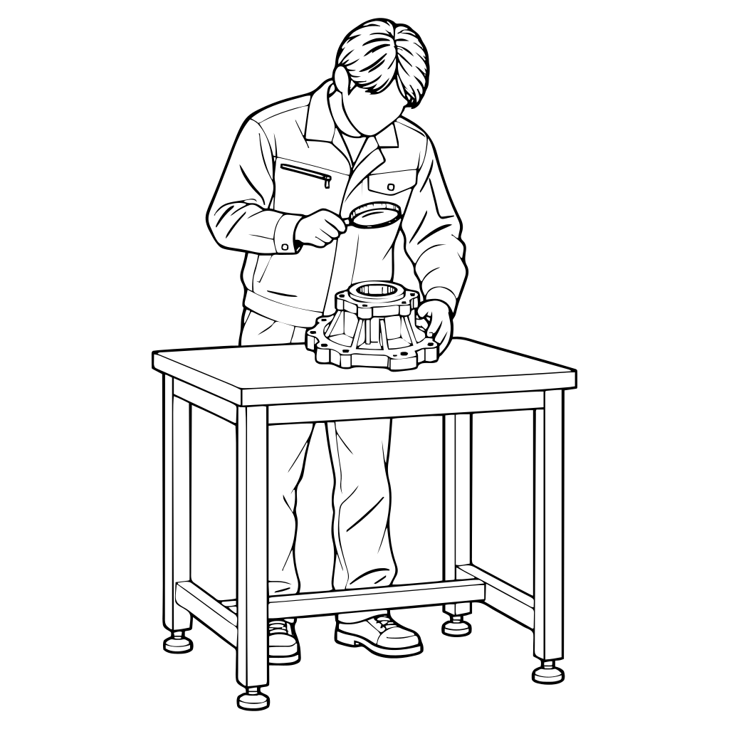 部品を検査する作業員のイラスト（線画）