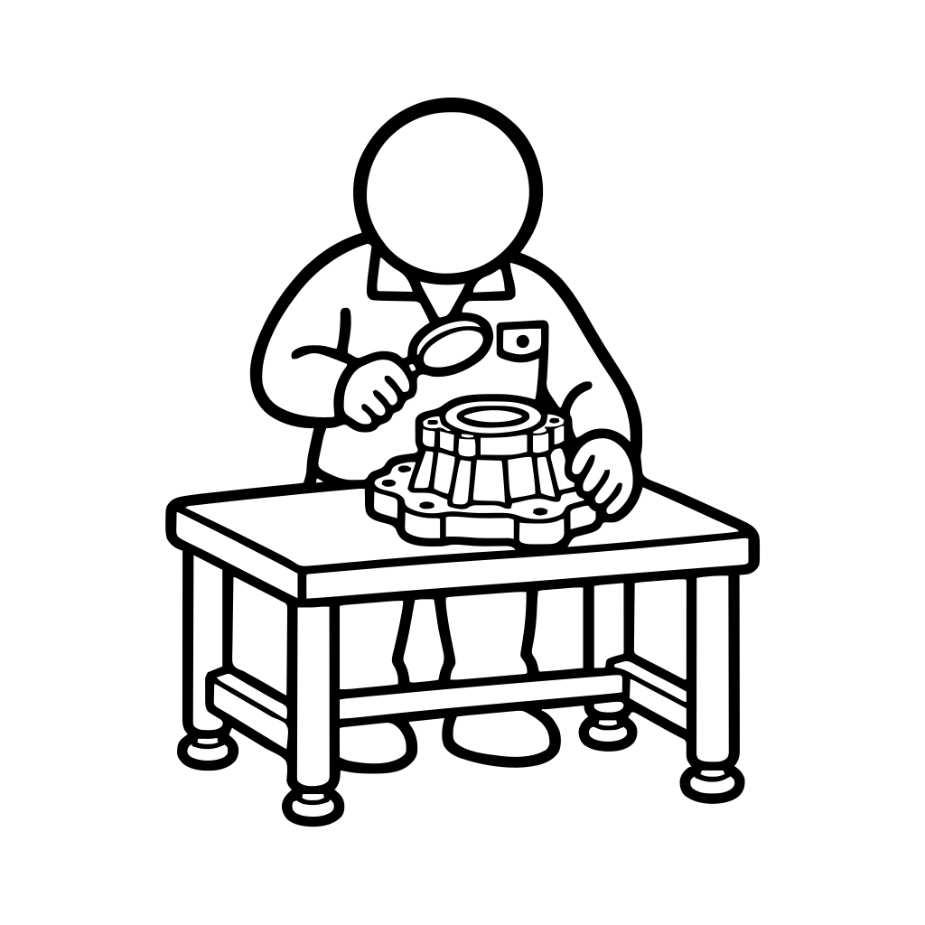 部品を検査する作業員のイラスト（丸みのあるデフォルメ）
