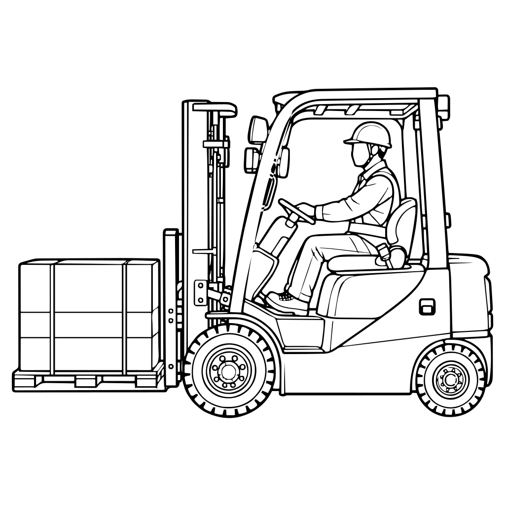 フォークリフトで荷物を運ぶ人のイラスト（線画）