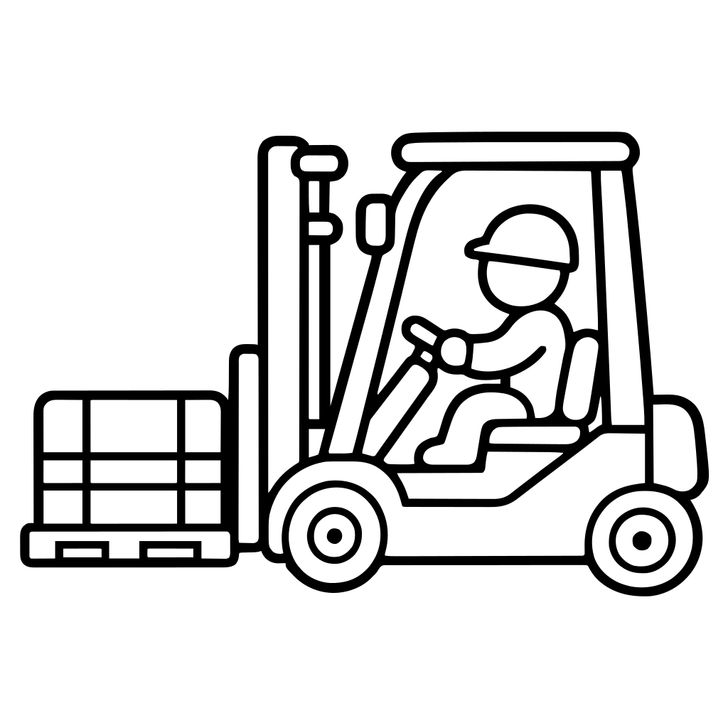 フォークリフトで荷物を運ぶ人のイラスト（丸みのあるデフォルメ）
