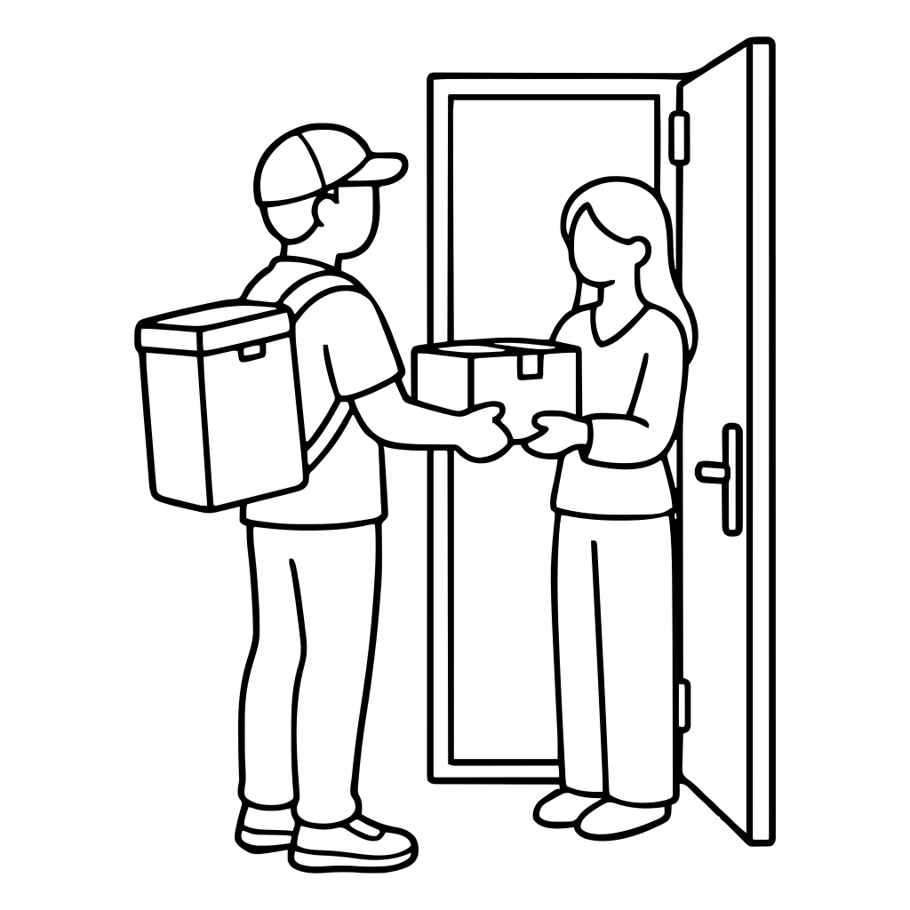 玄関で荷物を届ける配達員のイラスト（シンプル）