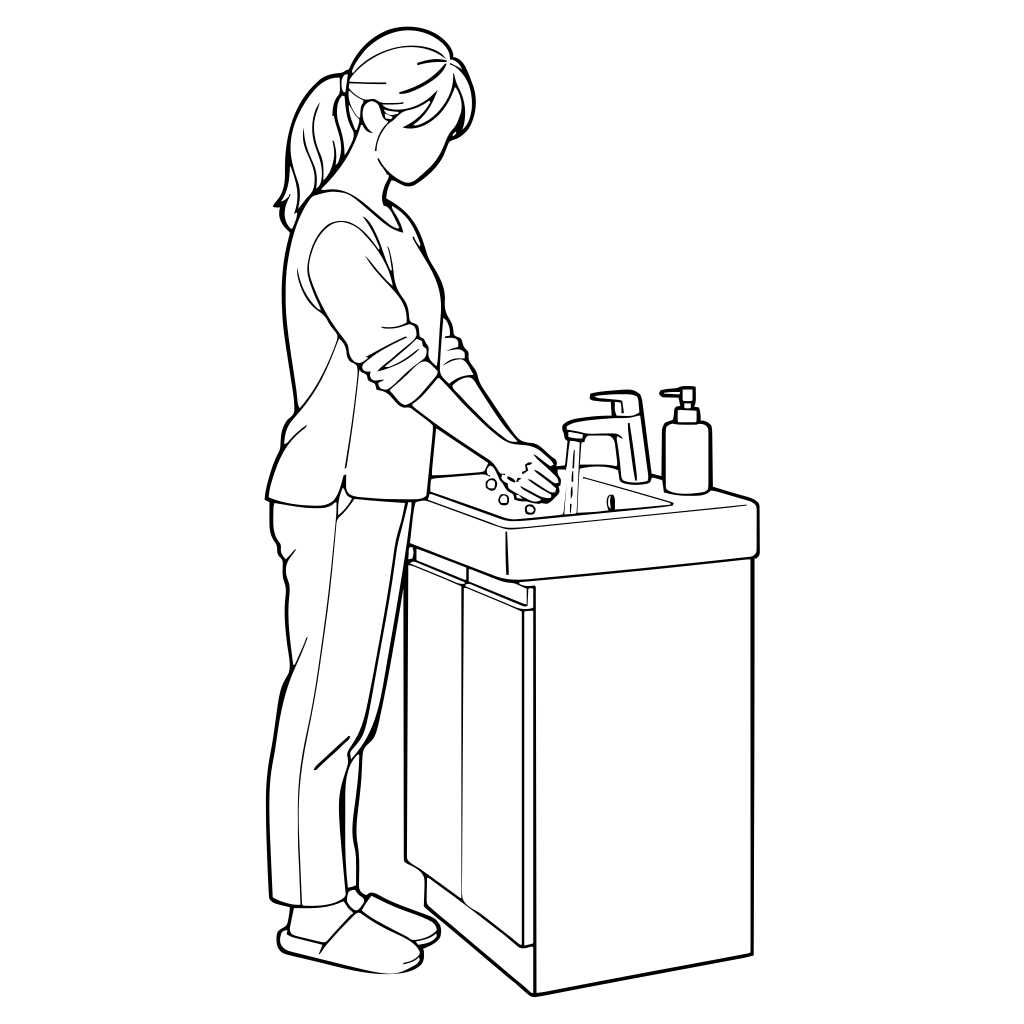 洗面台で手を洗う人のイラスト（線画）