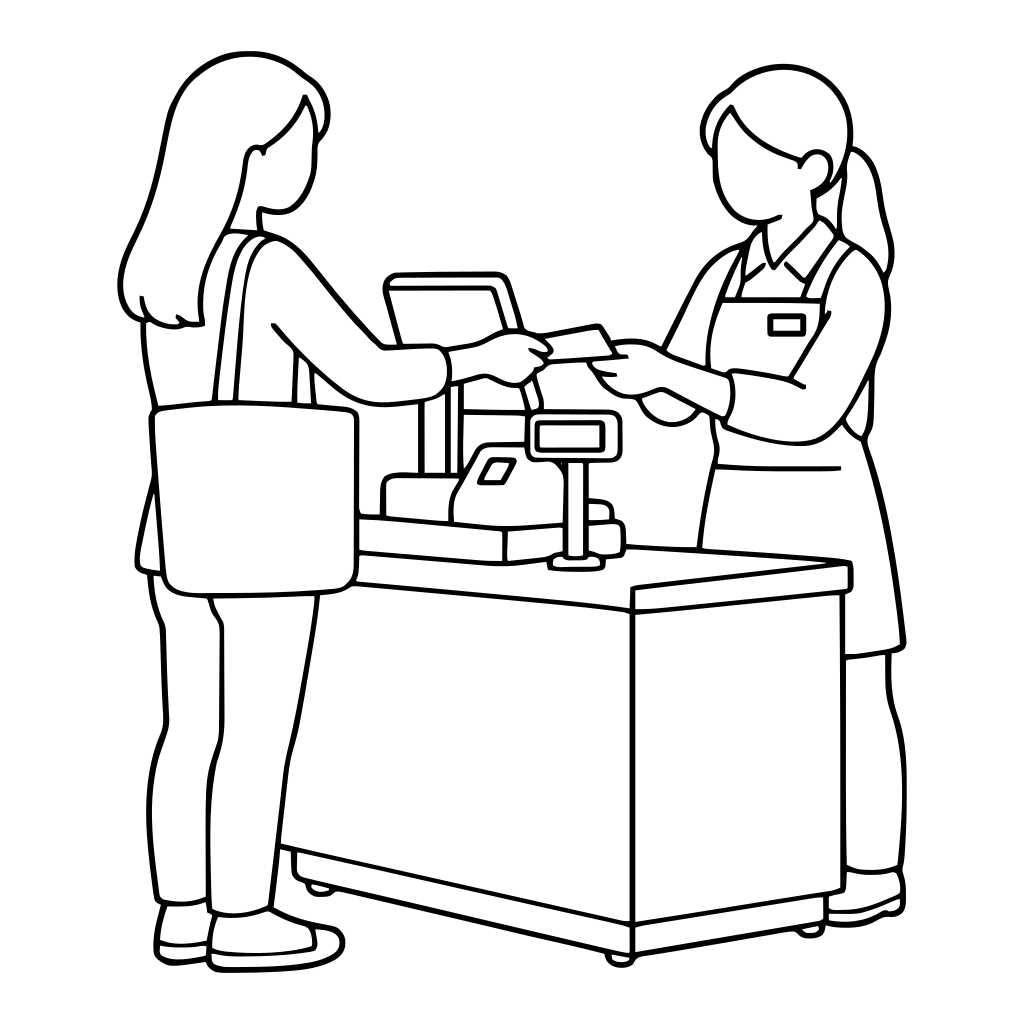 レジで現金を受け取る店員のイラスト（シンプル）
