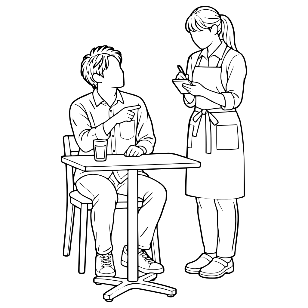 客の注文を取る店員のイラスト（線画）