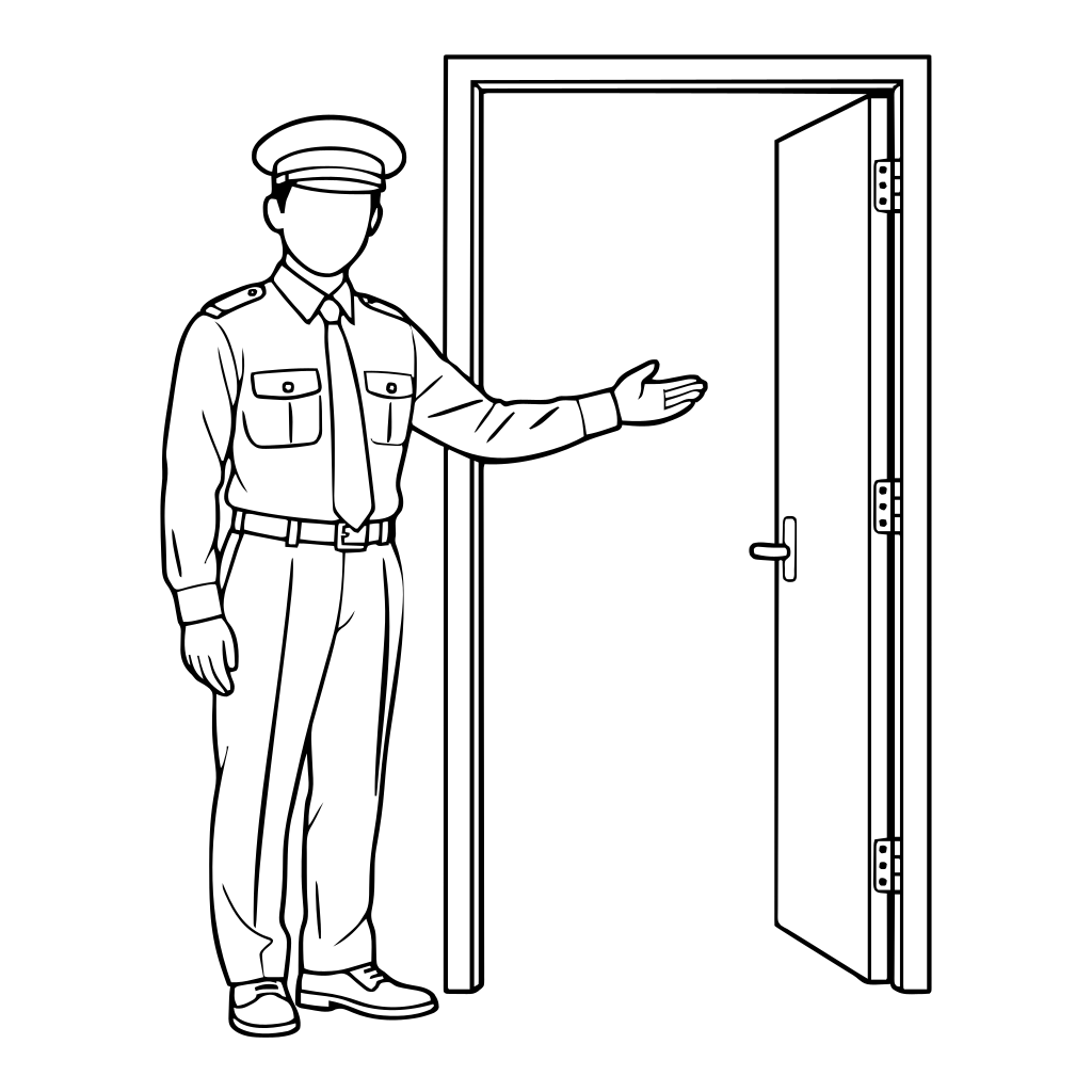 入口で誘導する警備員のイラスト（線画）