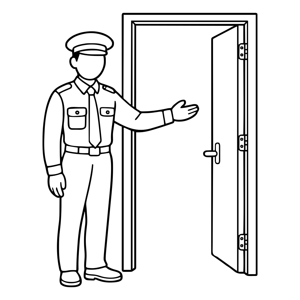 入口で誘導する警備員のイラスト（シンプル）