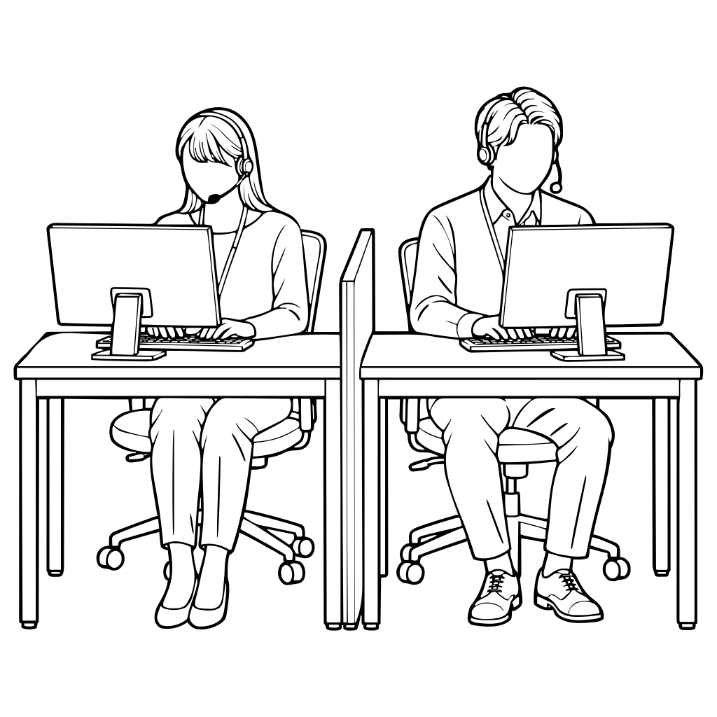 並んで応対するコールセンター担当者2人のイラスト（線画）