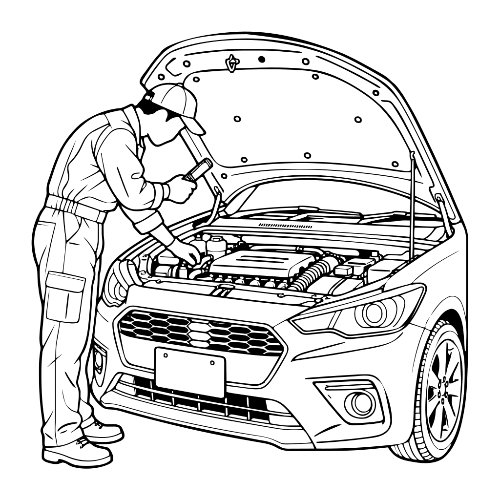車を点検する整備士のイラスト（線画）