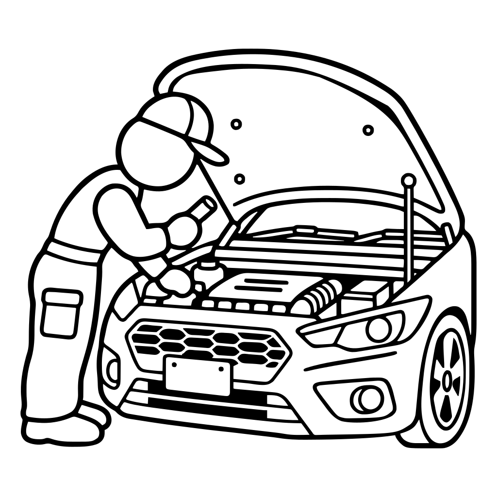 車を点検する整備士のイラスト（丸みのあるデフォルメ）