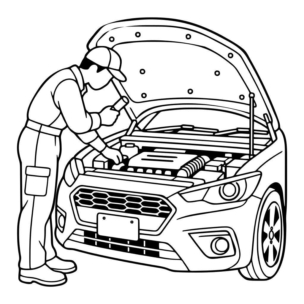 車を点検する整備士のイラスト（シンプル）