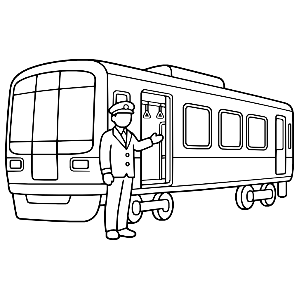 電車のそばで案内する駅員のイラスト（シンプル）