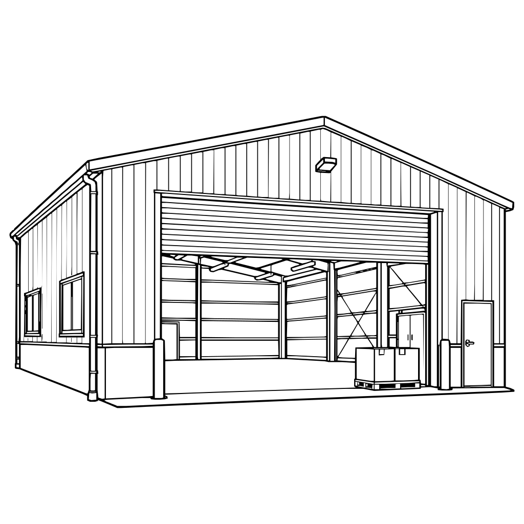 搬入口のある倉庫のイラスト（線画）
