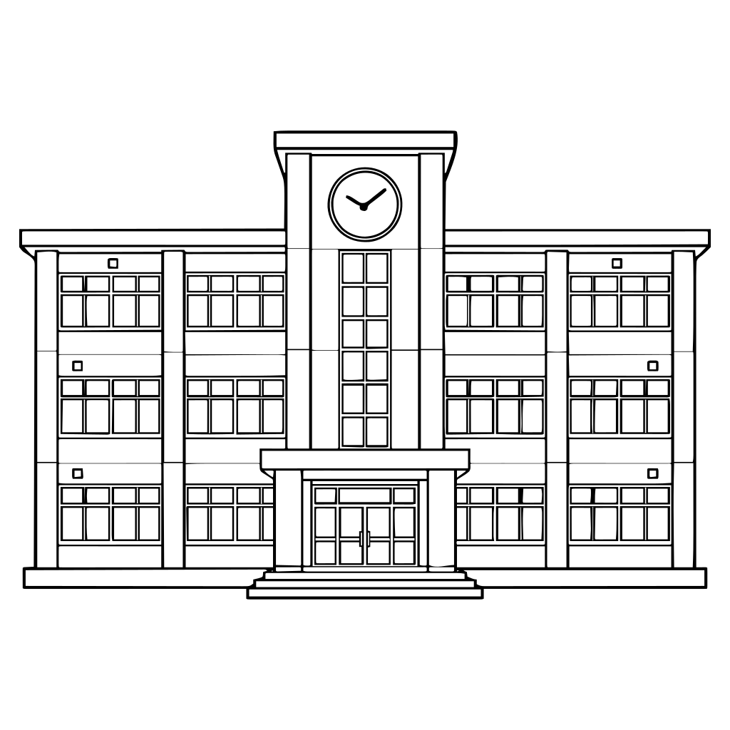 時計のある学校の校舎のイラスト（線画）
