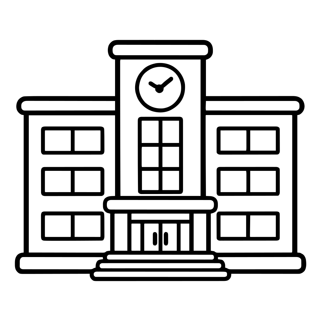時計のある学校の校舎のイラスト（丸みのあるデフォルメ）
