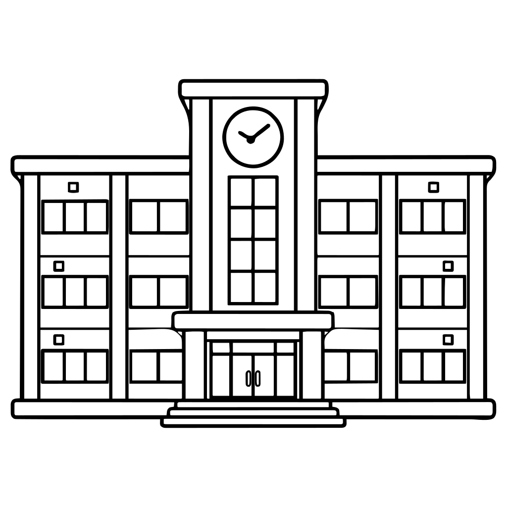 時計のある学校の校舎のイラスト（シンプル）