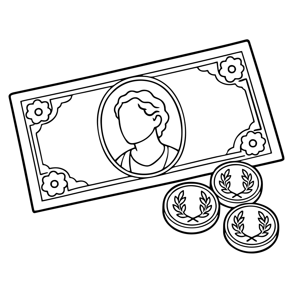 硬貨と紙幣の記号のイラスト（線画）