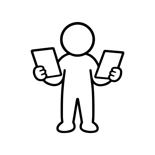2枚の書類を見比べる人のイラスト（丸みのあるデフォルメ）