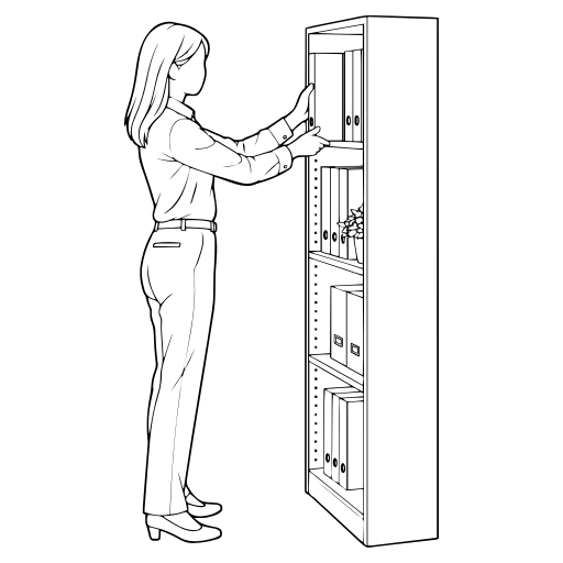 棚にフォルダーをしまう人のイラスト（線画）