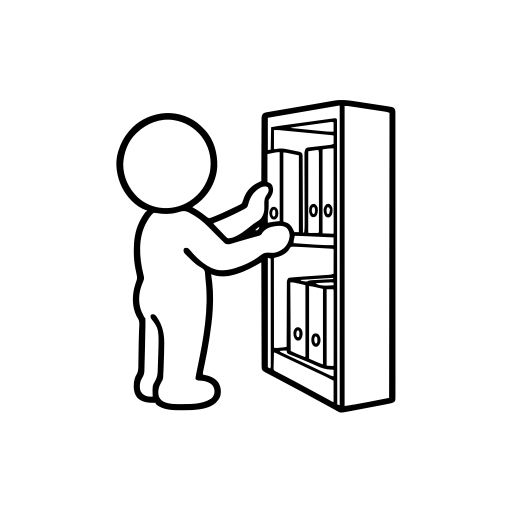 棚にフォルダーをしまう人のイラスト（丸みのあるデフォルメ）