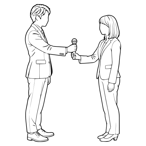 マイクを渡す2人のイラスト（線画）