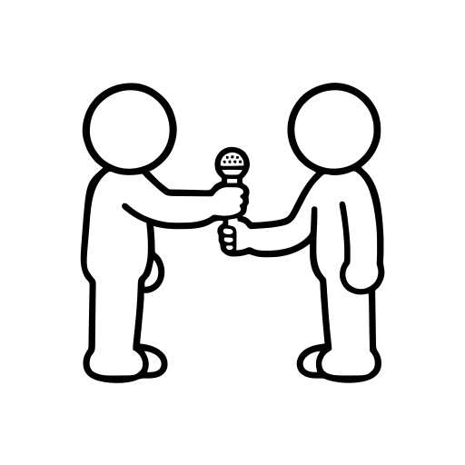 マイクを渡す2人のイラスト（丸みのあるデフォルメ）