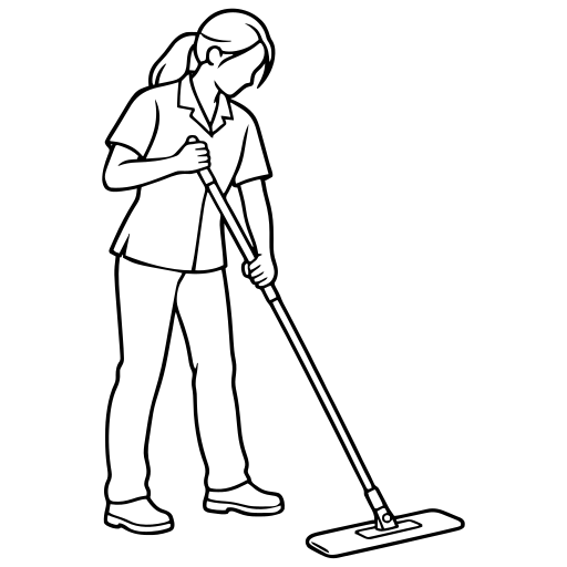 床をモップで清掃するのイラスト（線画）