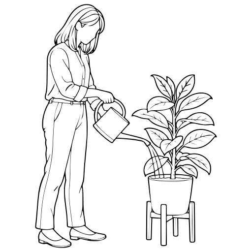 観葉植物に水をやるのイラスト（線画）