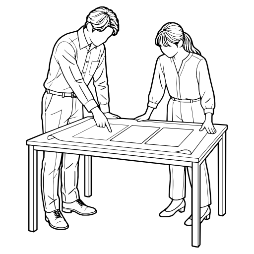 机に広げた図面を検討する2人のイラスト（線画）