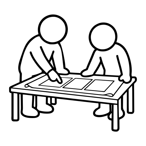 机に広げた図面を検討する2人のイラスト（丸みのあるデフォルメ）