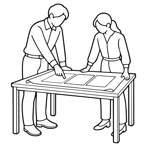 机に広げた図面を検討する2人のイラスト（シンプル）