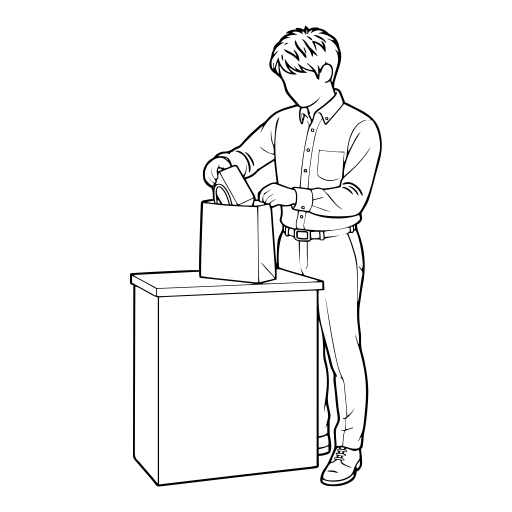 商品を買い物袋に入れるのイラスト（線画）
