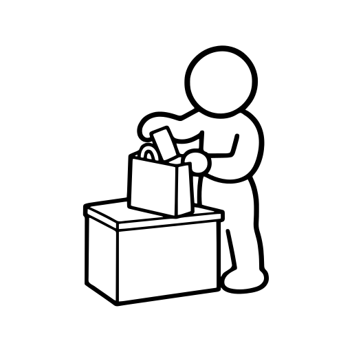 商品を買い物袋に入れるのイラスト（丸みのあるデフォルメ）