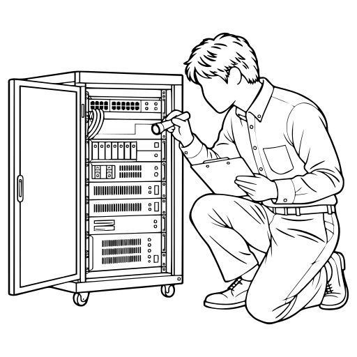 サーバーラックを点検するのイラスト（線画）