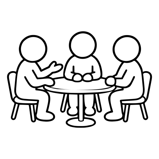 会議で話し合う3人のイラスト（丸みのあるデフォルメ）