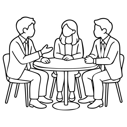 会議で話し合う3人のイラスト（シンプル）