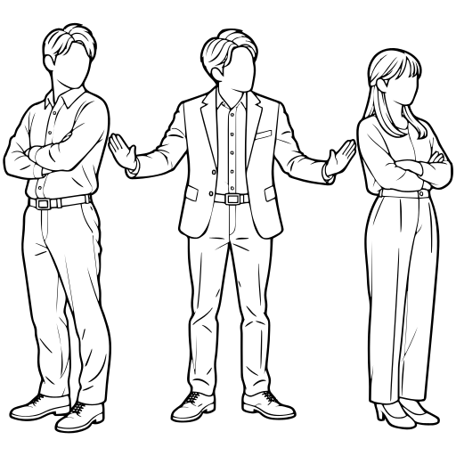 対立する2人を仲裁する人のイラスト（線画）