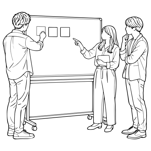 付箋ボードで企画を練る3人のイラスト（線画）