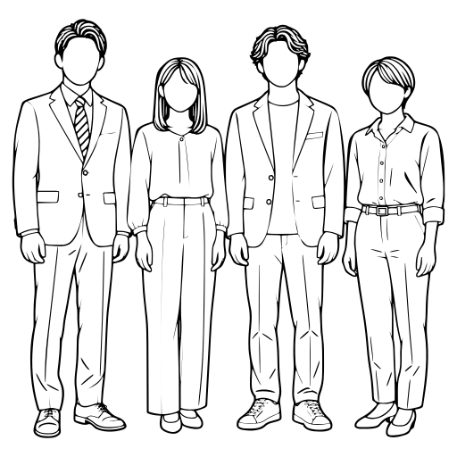 並んで立つ4人のチームのイラスト（線画）