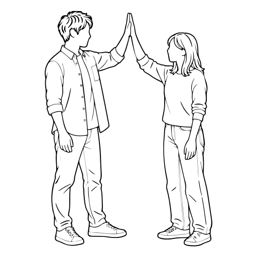 ハイタッチする2人のイラスト（線画）