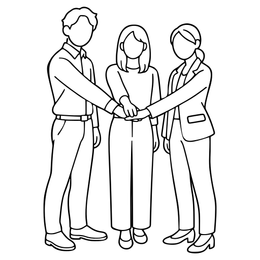 手を重ねて団結する3人のイラスト（シンプル）