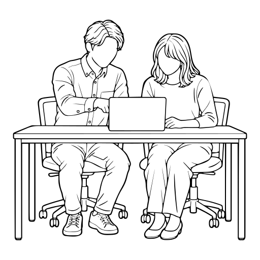 ノートPCを一緒に見る2人のイラスト（線画）