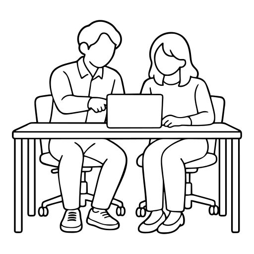 ノートPCを一緒に見る2人のイラスト（シンプル）