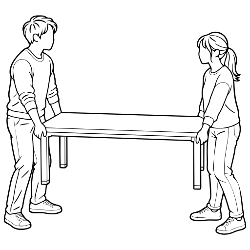 協力して机を運ぶ2人のイラスト（線画）