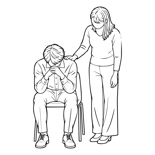 落ち込む人の肩に手を添える人のイラスト（線画）